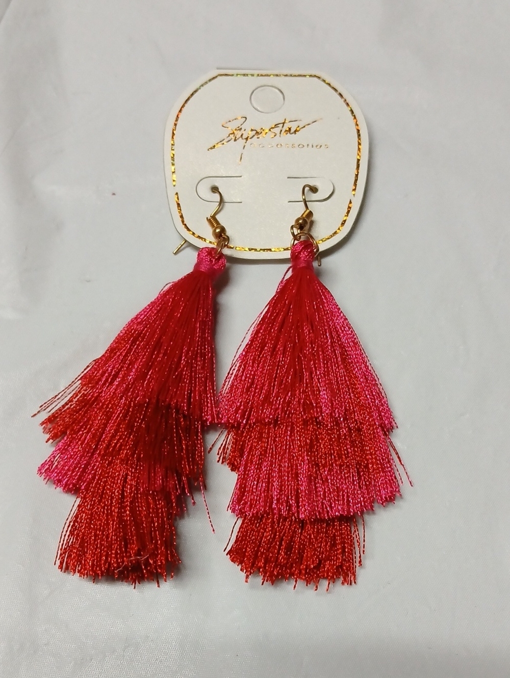 Superstar Accessories Hot Pink & Red Tiered Tassel Fabric Dangle Earrings
